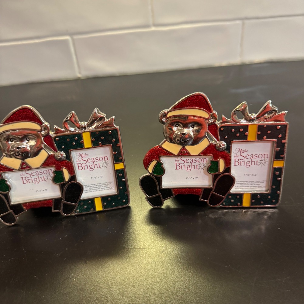 Kohl's Mini Picture Frame Set 2 1.5x2 Red Green Santa Teddy Bear Gift Glitter